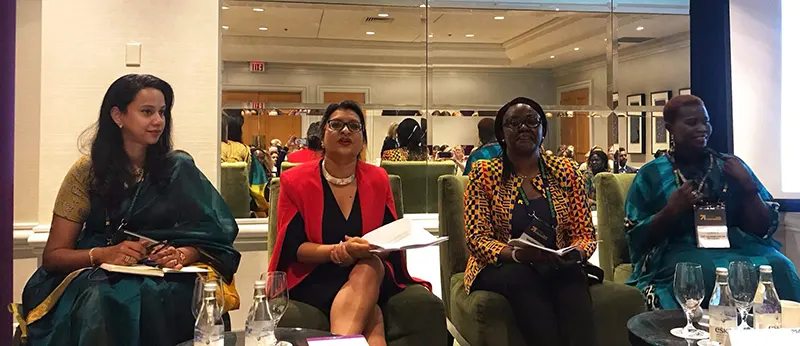 ARROW's Executive Director Sivananthi Thanenthiran (far left) and Orchid Project founder Julia Lalla-Maharajh (second from left) announce plans to co-develop an Asia Network to End FGM/C at the Women Deliver Conference in June 2019 in Vancouver, Canada.